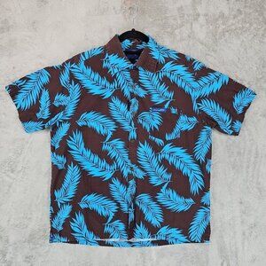 Aisokula Fiji Shirt Mens Size L Brown Blue Hawaiian Palm Leaf Print Cotton Aloha